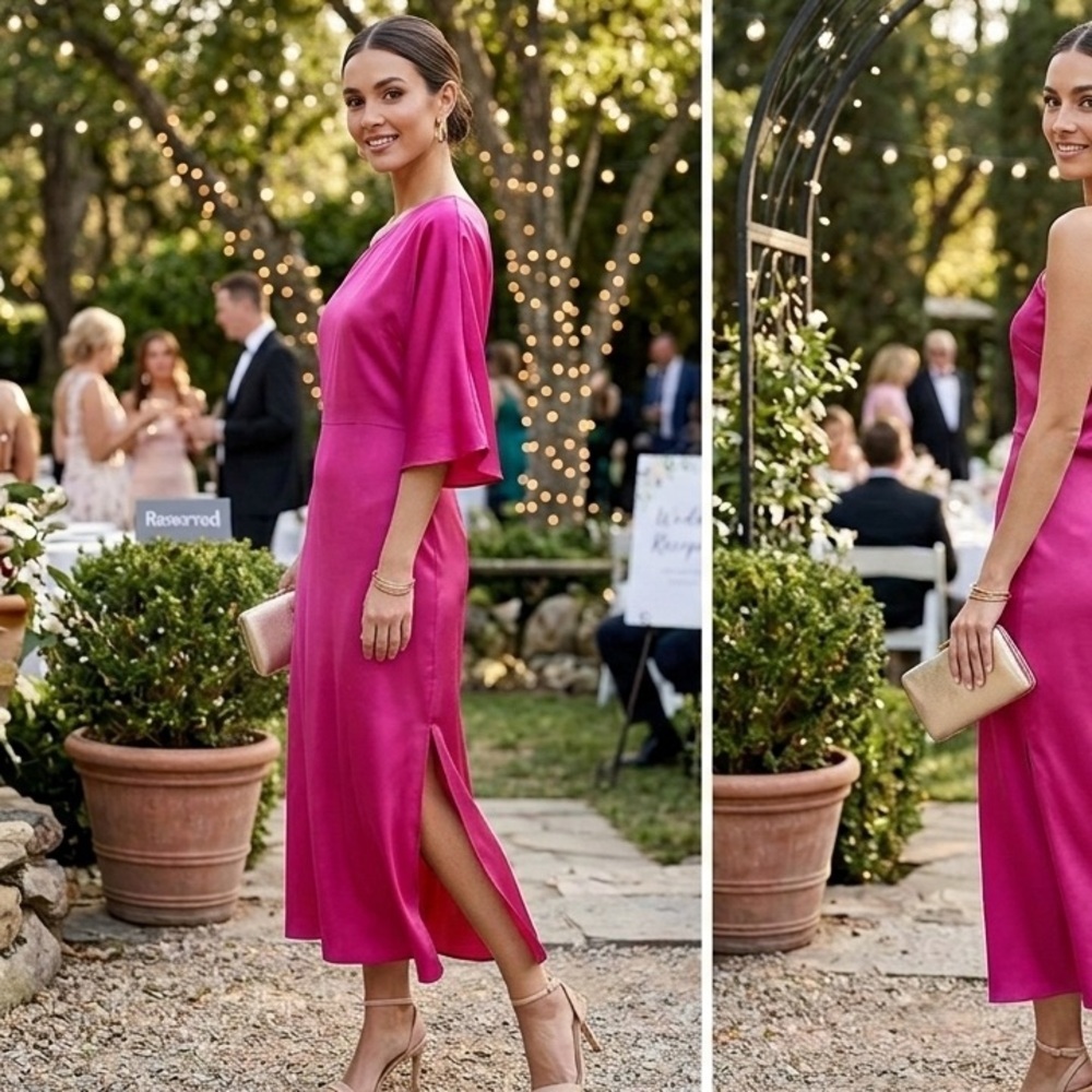 Renee C One-Shoulder Satin Midi Dress in Bright Magenta - size L